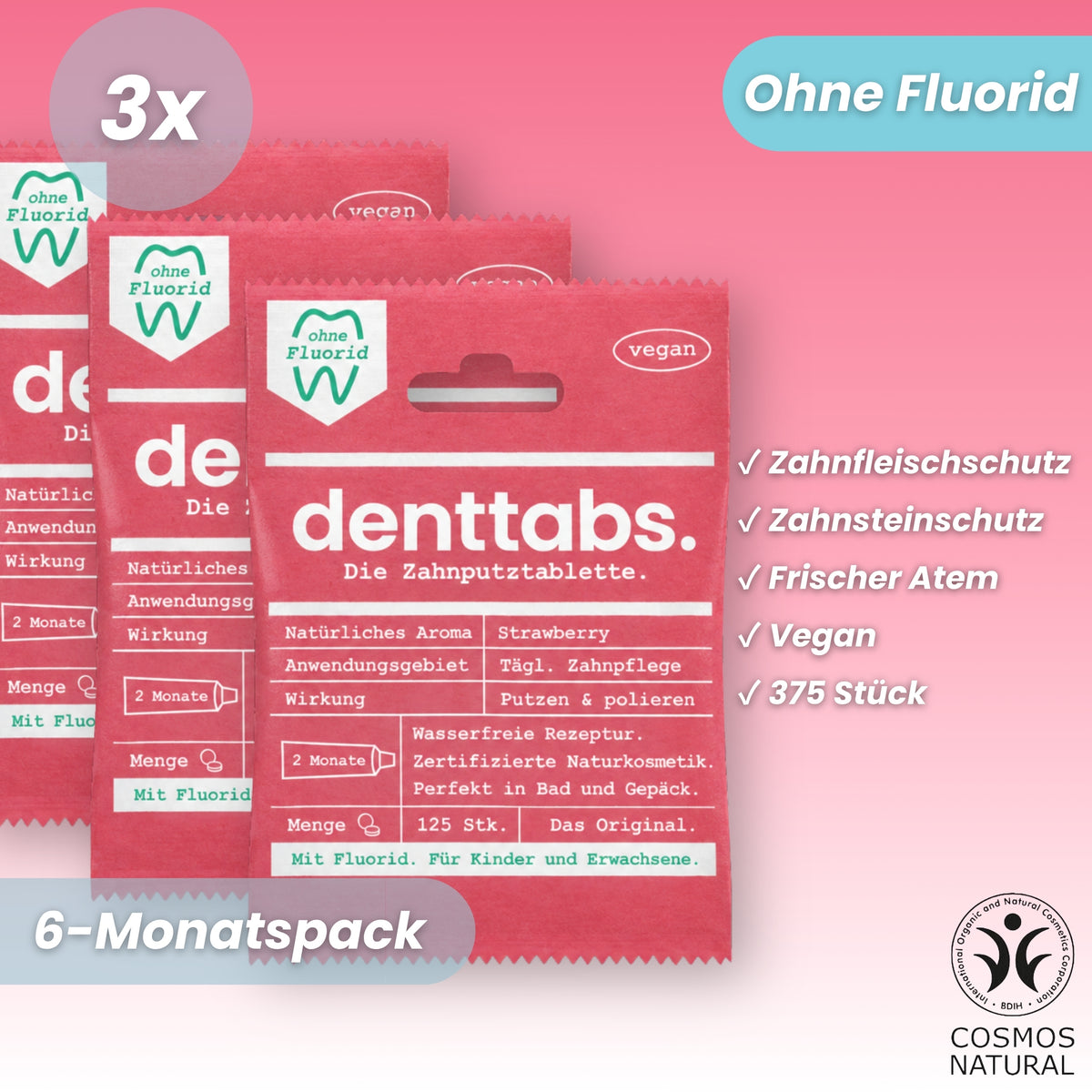 Denttabs Strawberry ohne Fluorid Halbjahresvorrat