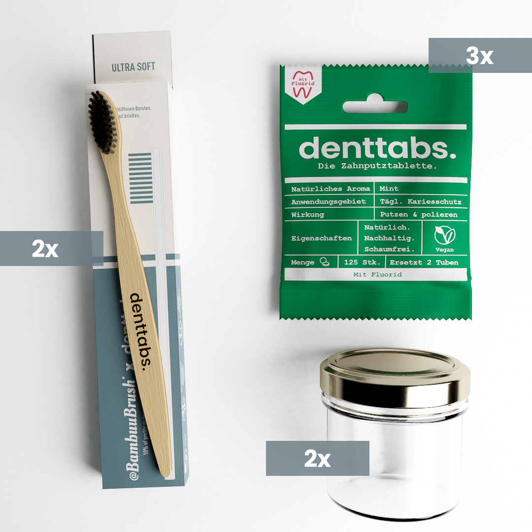 Weiße Zähne mit den Denttabs Zahnputztabletten. Zahnpflege für zwei Personen.