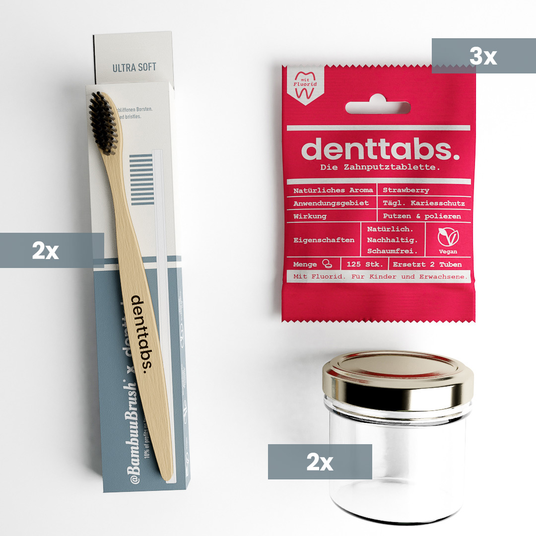 Weiße Zähne mit den Denttabs Zahnputztabletten. Zahnpflege für zwei Personen.
