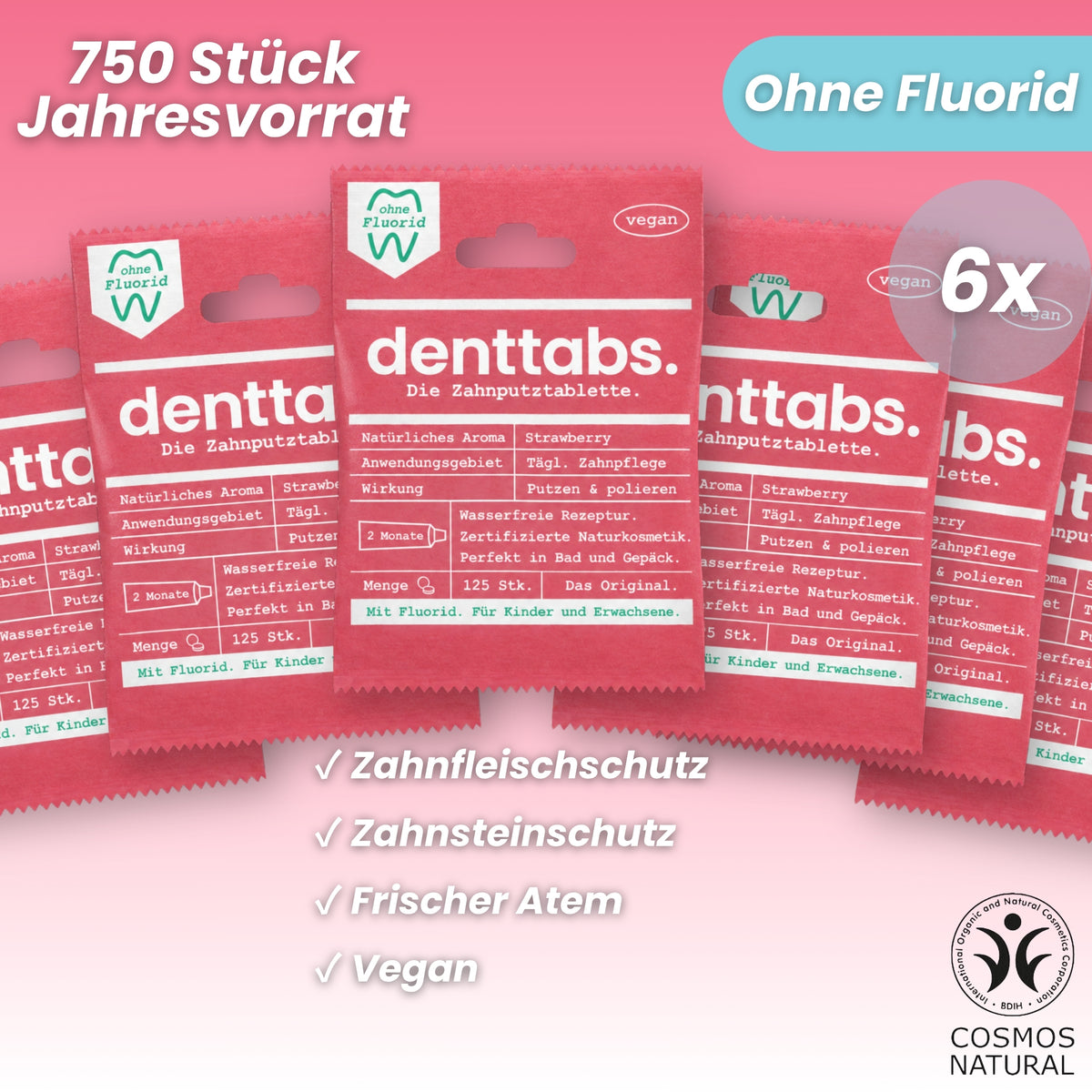 Denttabs Strawberry ohne Fluorid Jahresvorrat
