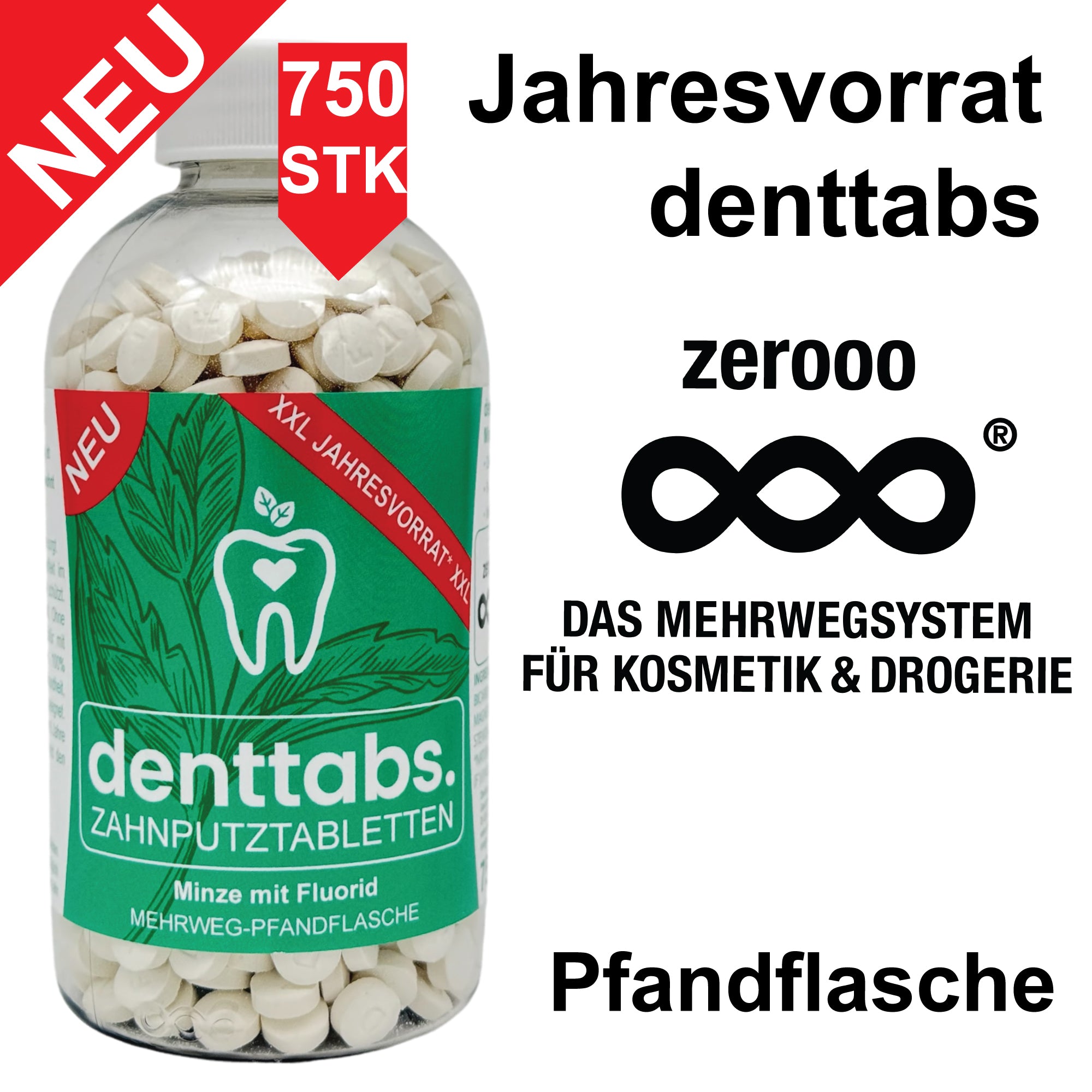 750 Denttabs Zahnputztabletten mit Fluorid in der wiederverwendbaren zerooo Mehrwegflasche – klimafreundlich, hygienisch, frisch