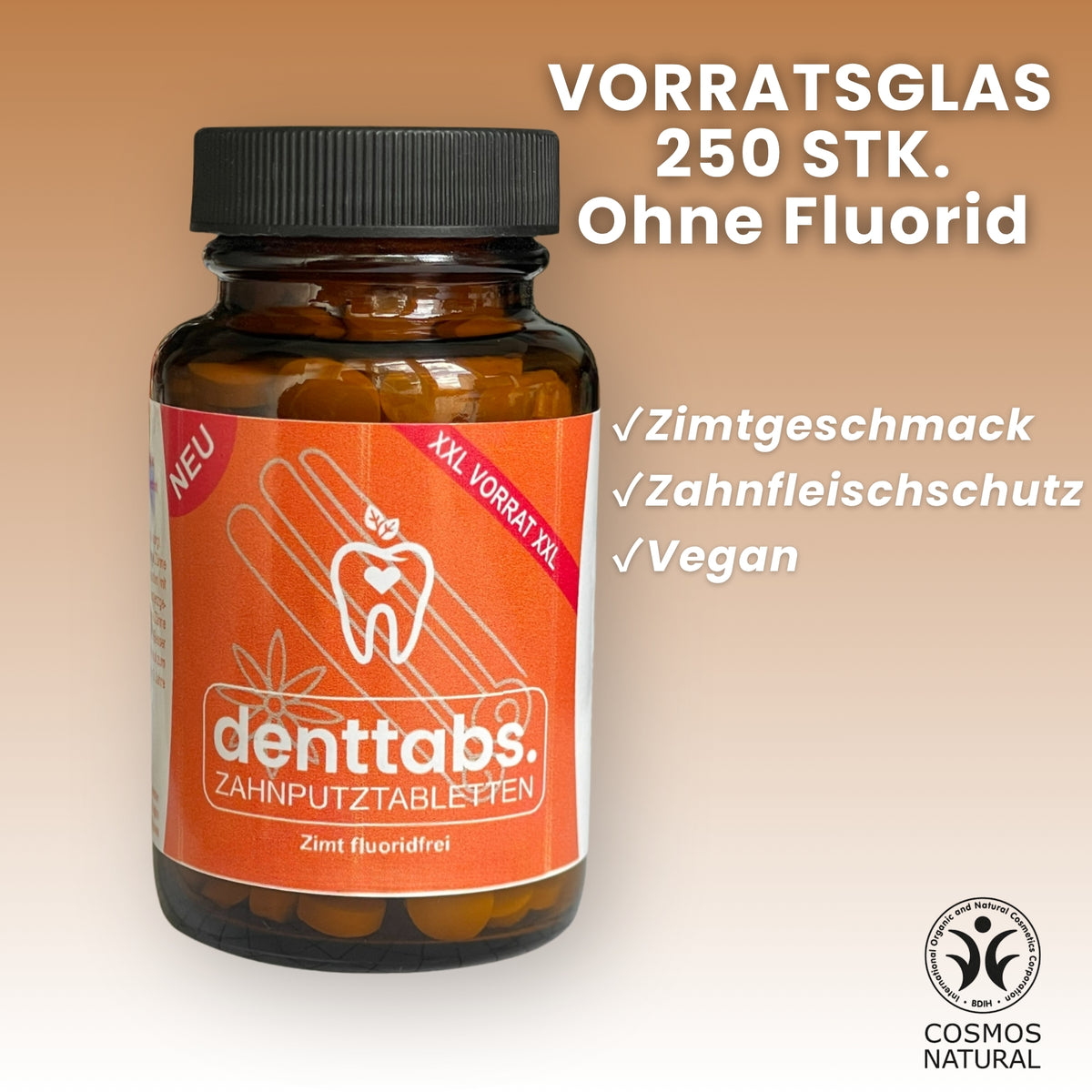 denttabs Zahnputztabletten mit leckerem Zimtgeschmack im xxl Glas 250 Stk fluoridfrei