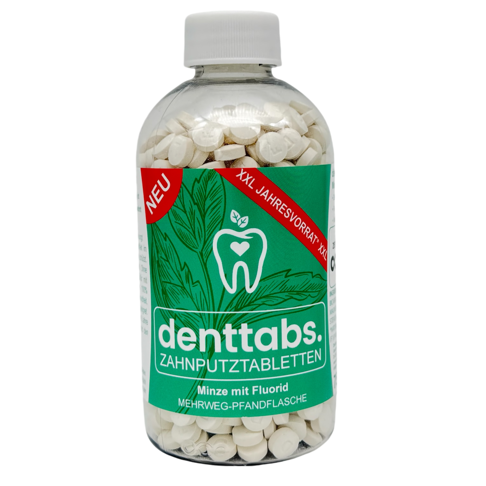 Zero-Waste Pfandflasche mit 750 Denttabs Zahnputztabletten Mint mit Fluorid – nachhaltige Zahnpflege im praktischen Mehrwegbehälter