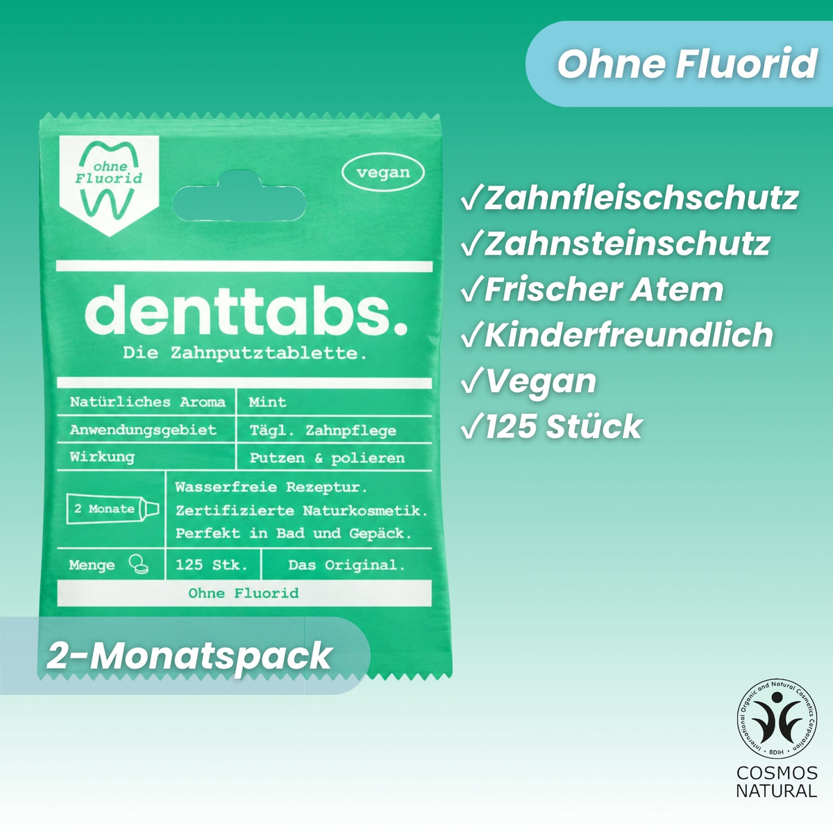 Denttabs Zahnputztabletten Mint ohne Fluorid 125 Stk