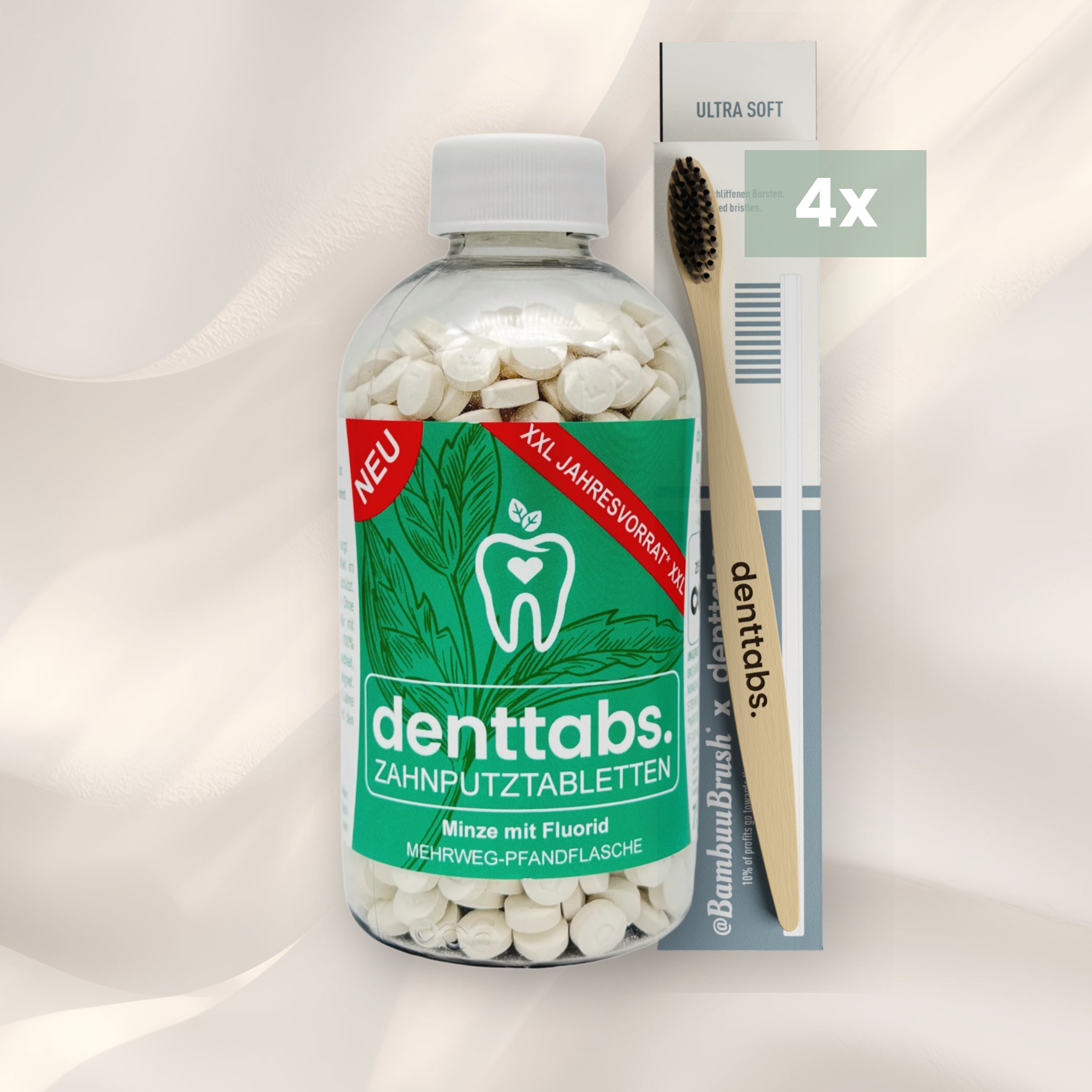 Jahresvorrat denttabs Zahnputztabletten Minze mit Fluorid im Pfandsystem + 4 Bambus-Zahnbürsten