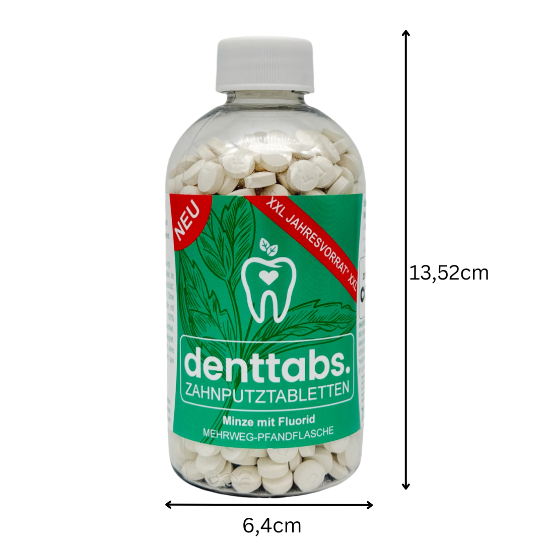 zerooo Pfandflasche mit Denttabs Zahnputztabletten Mint – plastikfreie Zahnpflege mit Fluorid im Mehrwegsystem