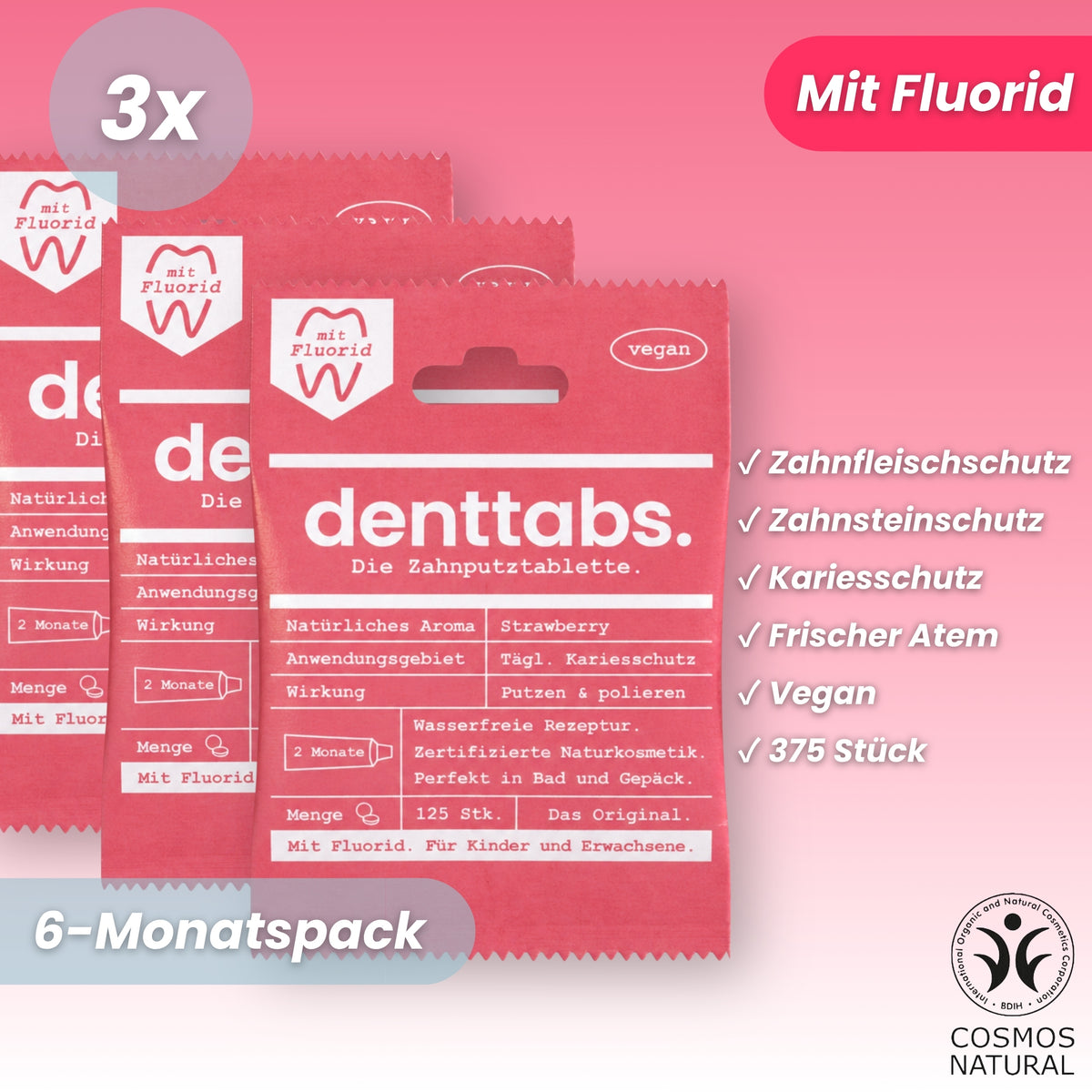 Denttabs Strawberry mit Fluorid Halbjahresvorrat