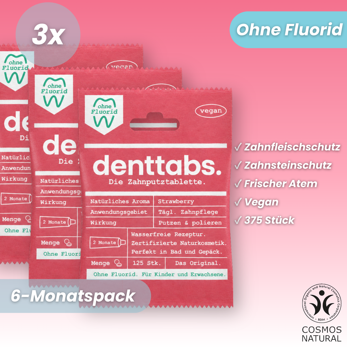 Denttabs Strawberry ohne Fluorid Halbjahresvorrat