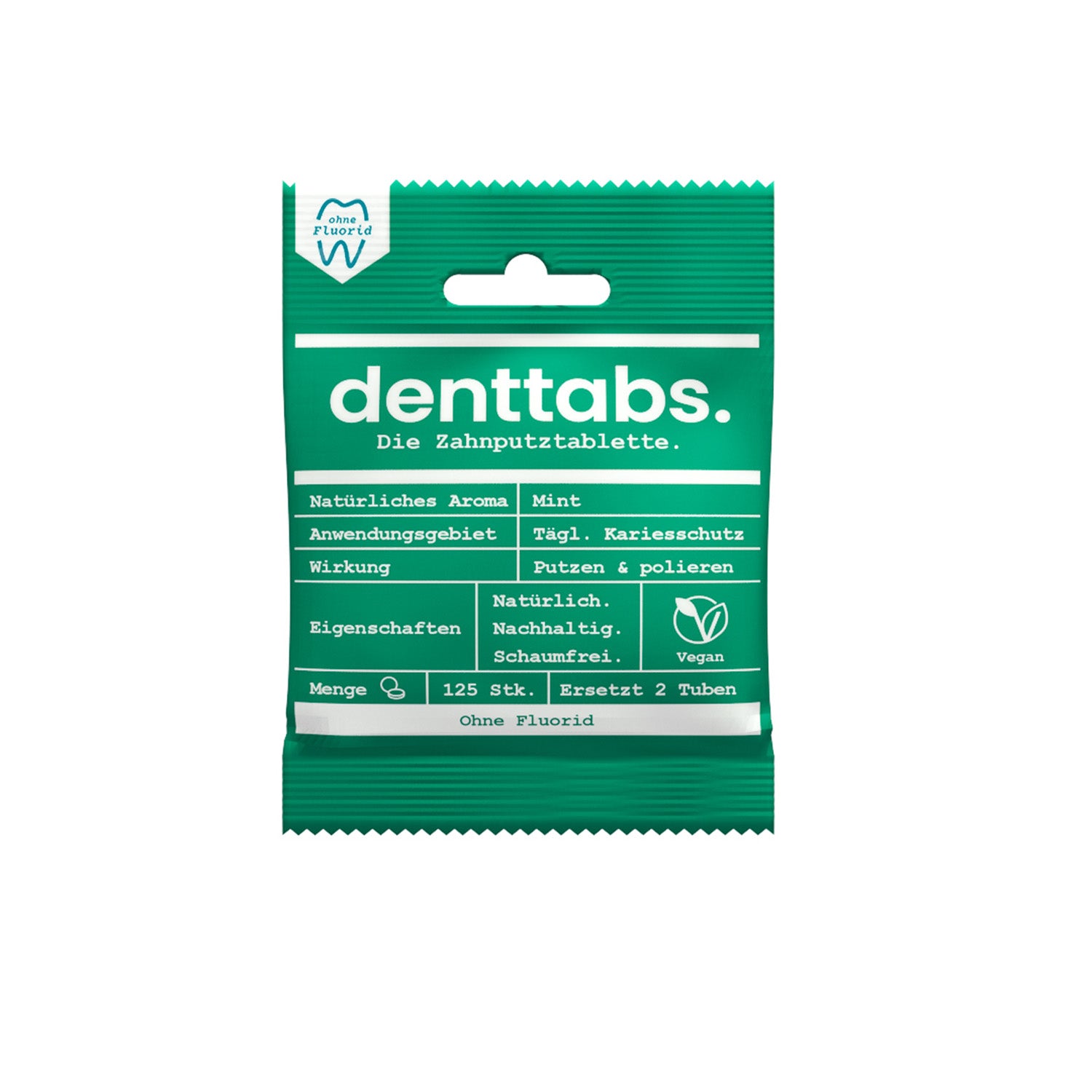Denttabs Zahnputztabletten Mint fluoridfrei vorderansicht für nachhaltige Zahnpflege.