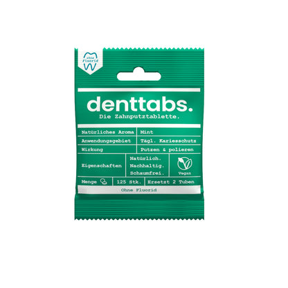 Denttabs Zahnputztabletten Mint fluoridfrei vorderansicht für nachhaltige Zahnpflege.