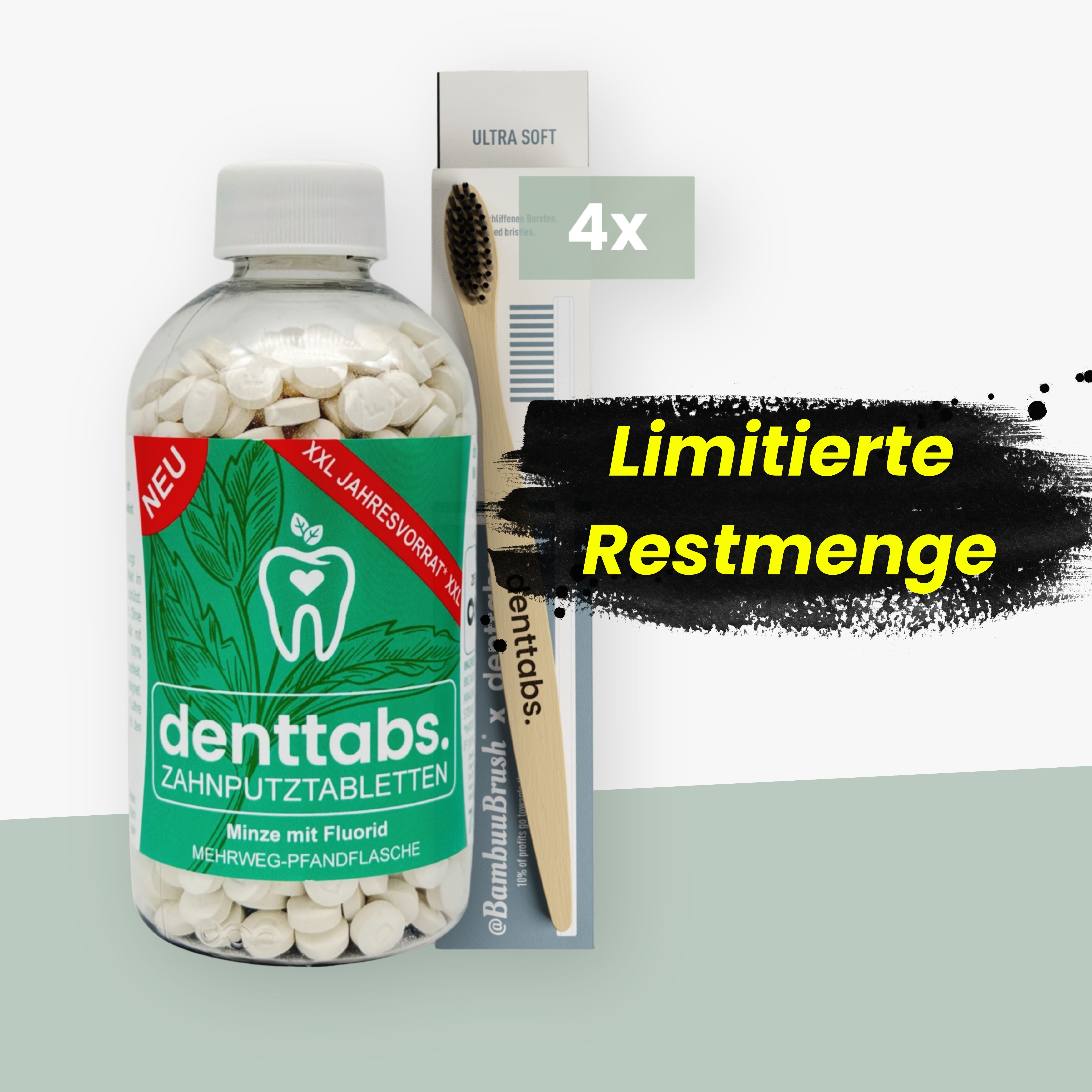 Jahresvorrat denttabs Zahnputztabletten Minze mit Fluorid im Pfandsystem + 4 Bambus-Zahnbürsten