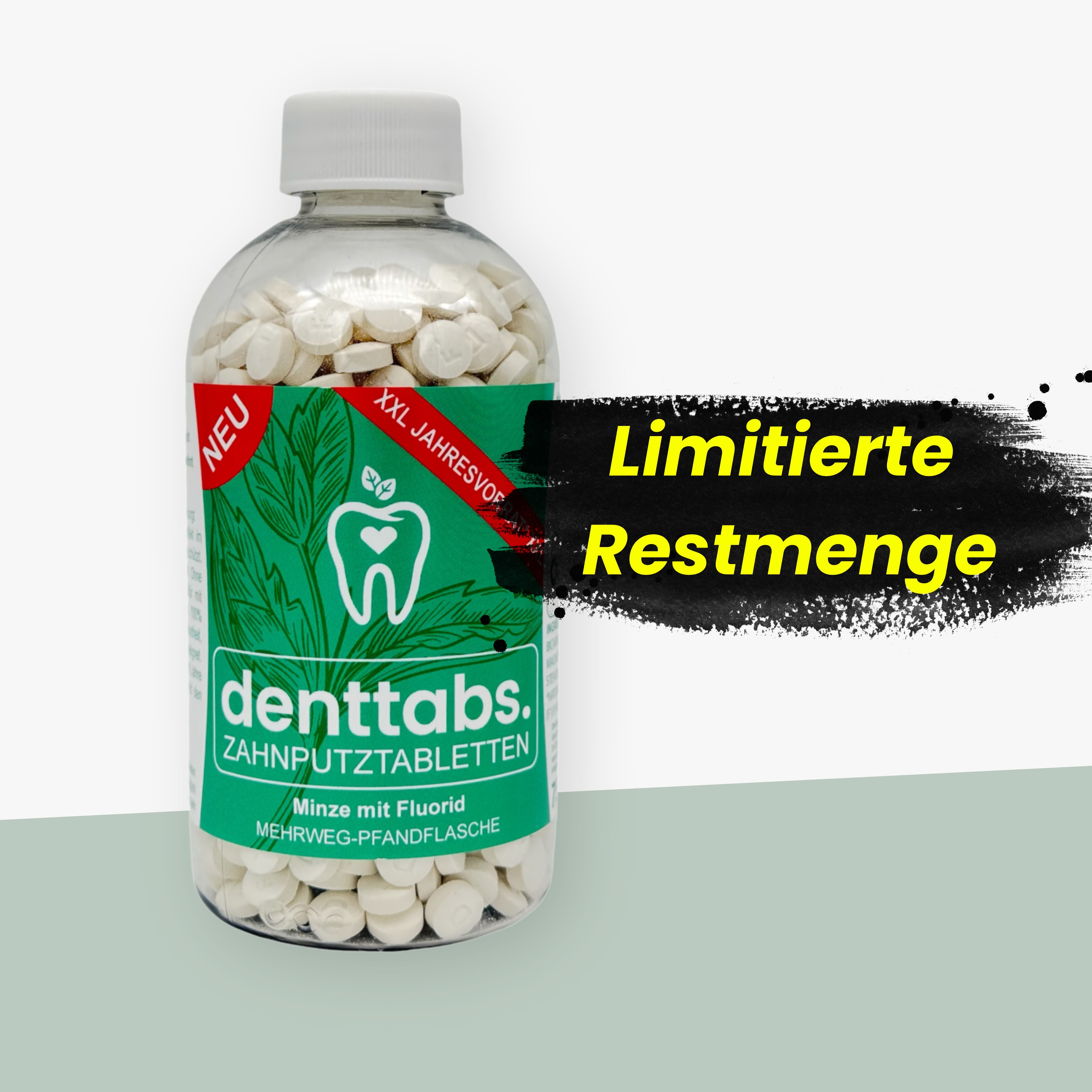 denttabs Zahnputztabletten XXL Jahresvorrat in der Pfandflasche Minze mit Fluorid