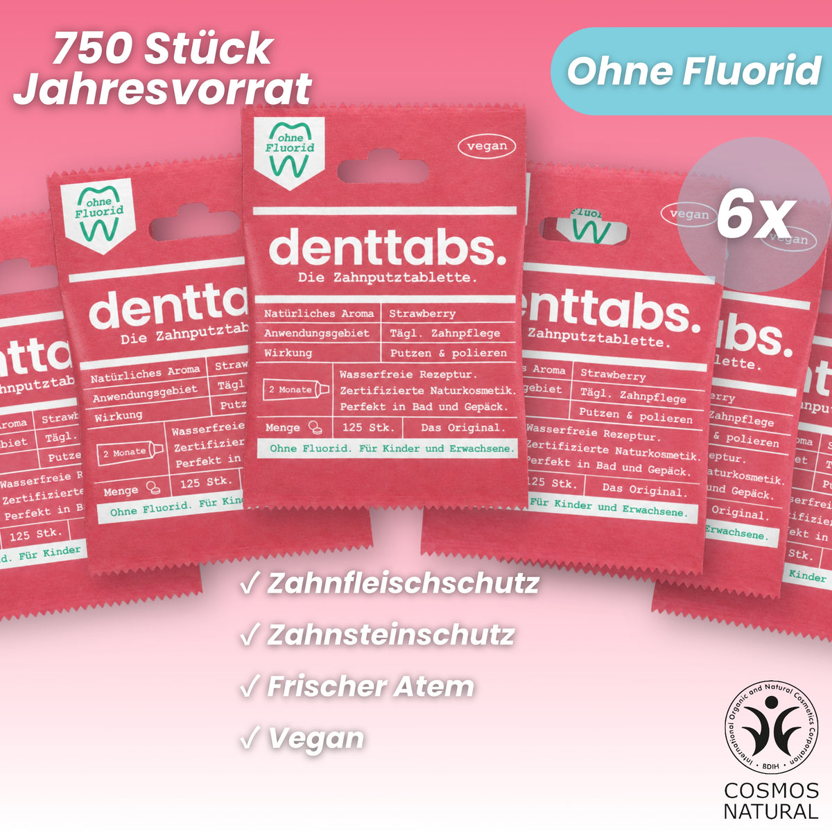 Denttabs Strawberry ohne Fluorid Jahresvorrat