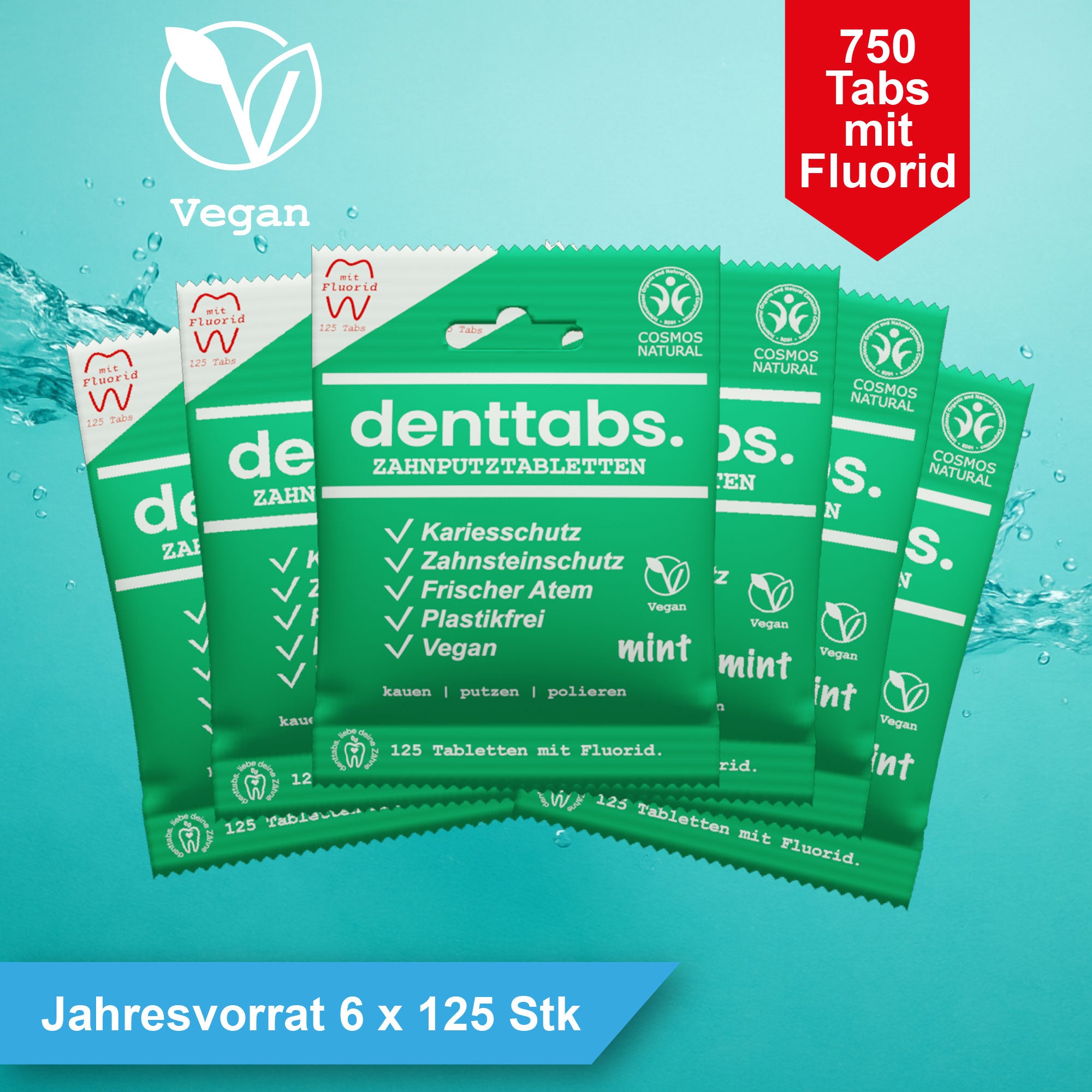 denttabs Zahnputztabletten Jahresvorrat in der kompostierbaren Tüte | Minze mit Fluorid