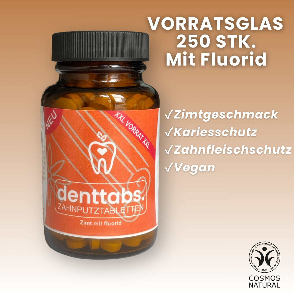 denttabs Zahnputztabletten mit leckerem Zimtgeschmack im xxl Glas 250 Stk mit Fluorid