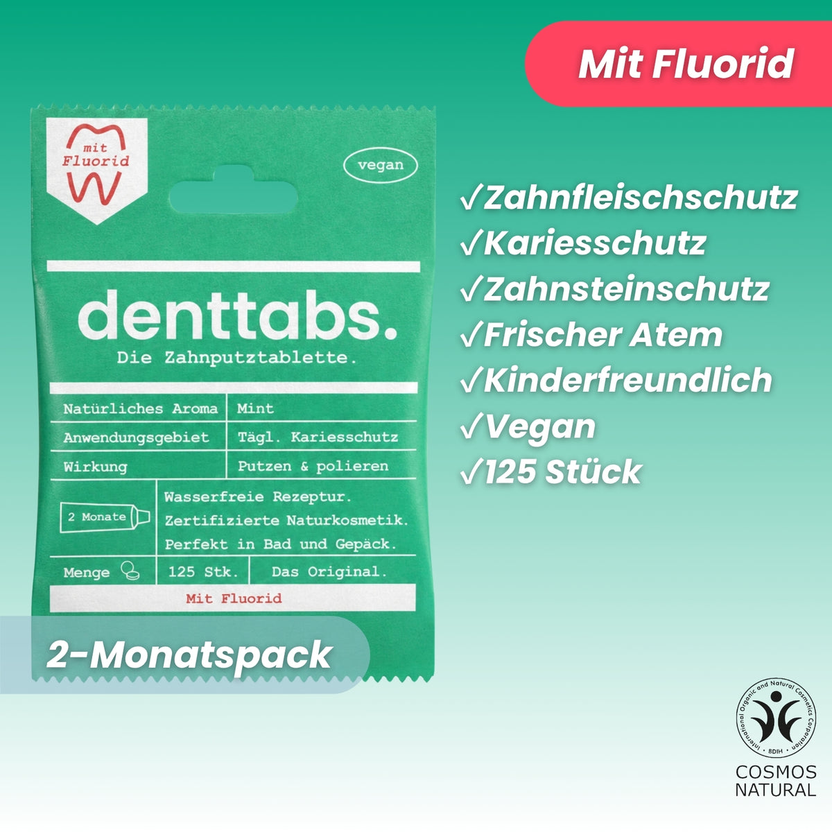 Denttabs Zahnputztabletten Mint mit Fluorid 125 Stk