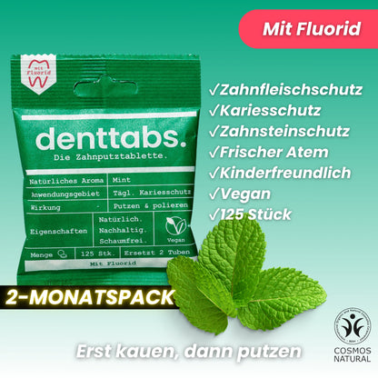 Denttabs Zahnputztabletten Mint mit Fluorid 125 Stk im Beutel statt Tube