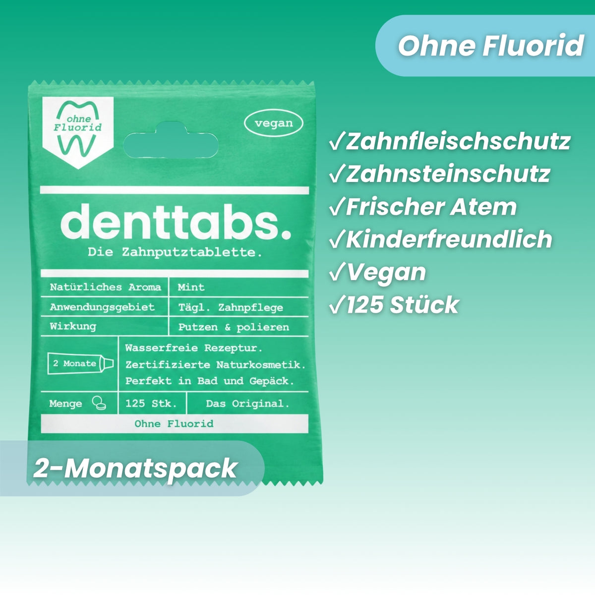 Denttabs Zahnputztabletten Mint ohne Fluorid 125 Stk