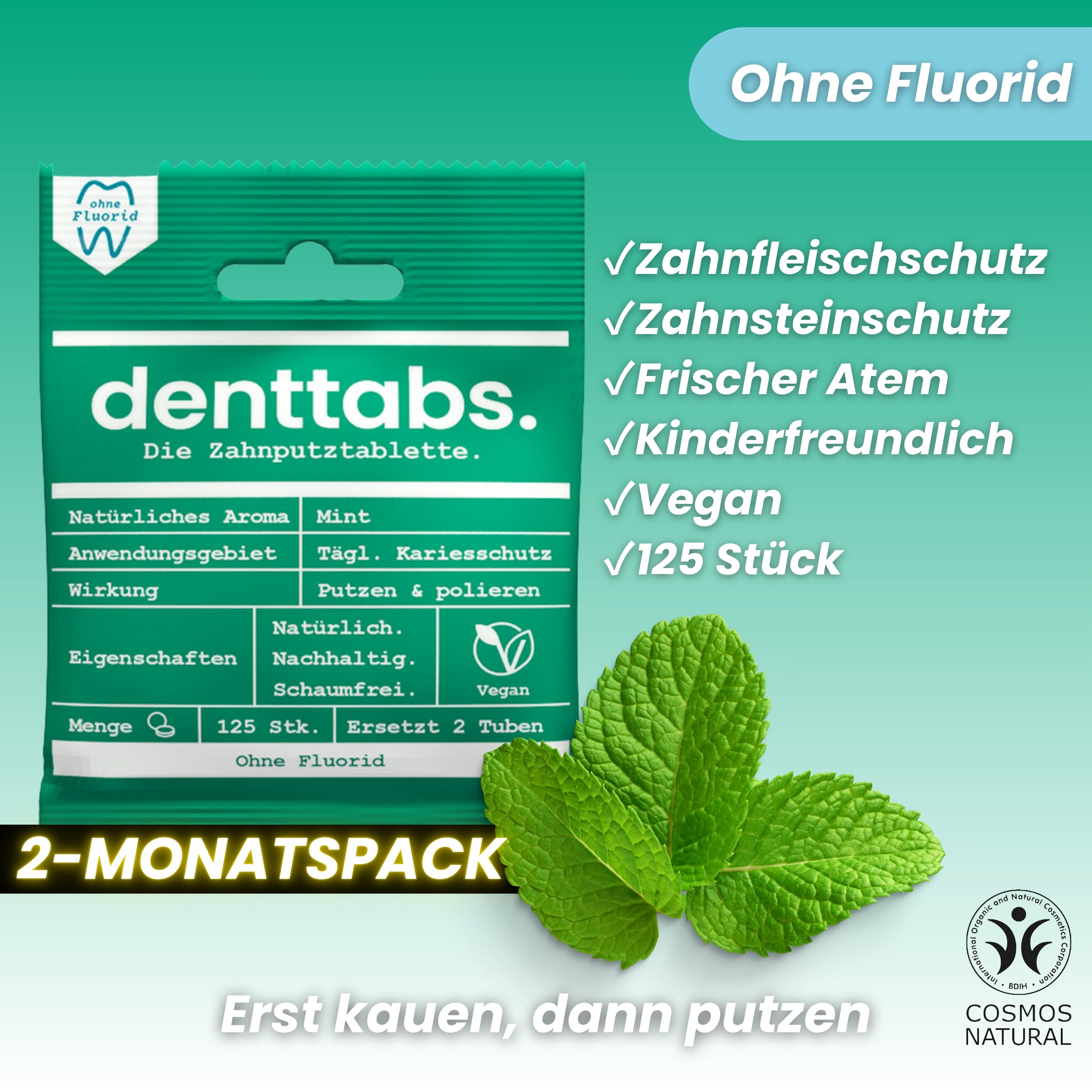 Denttabs Zahnputztabletten Mint ohne Fluorid 125 Stk