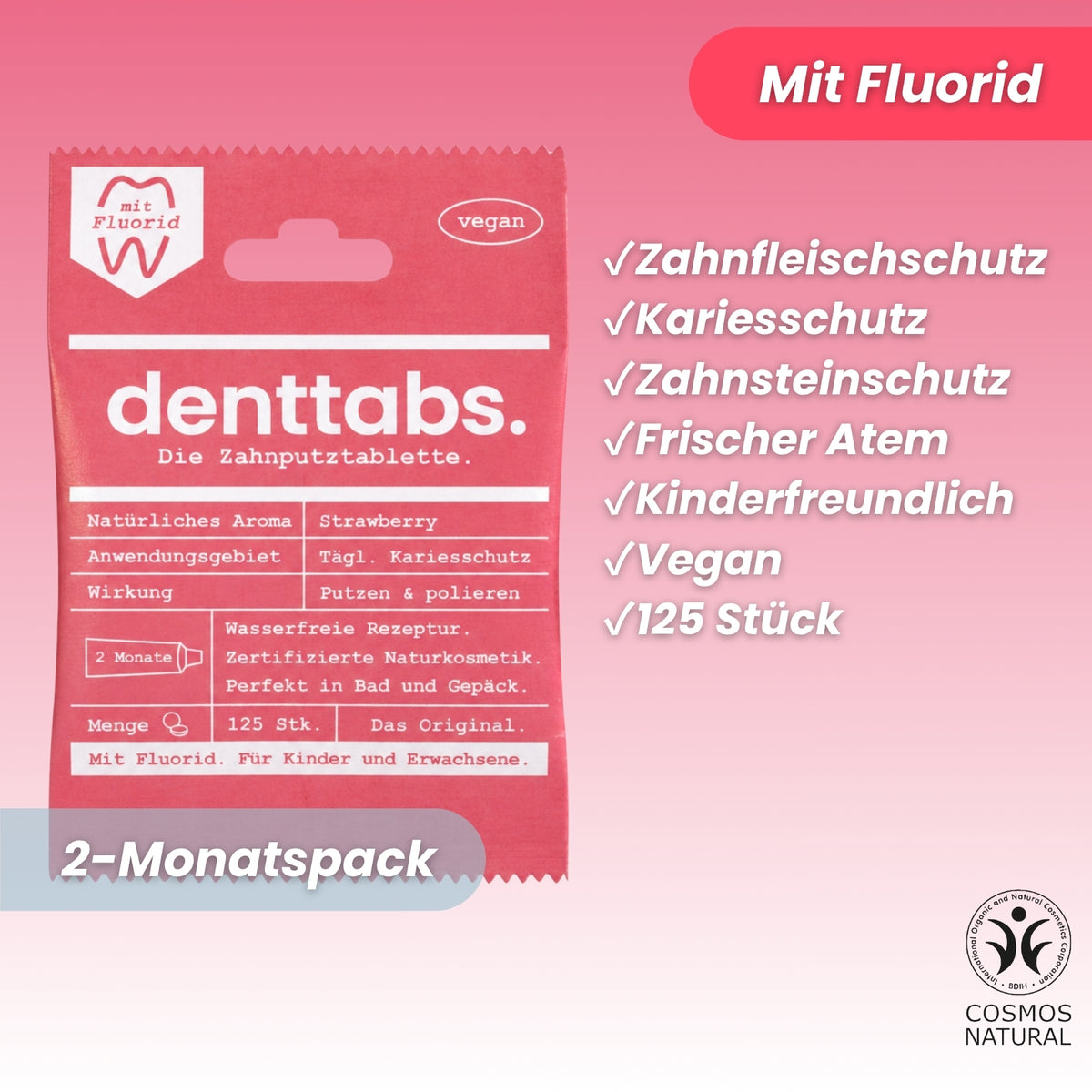 Denttabs Zahnputztabletten Strawberry mit Fluorid 125 Stk