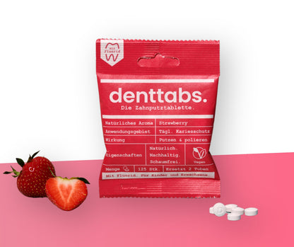 Denttabs Zahnputztabletten Strawberry mit Fluorid lifestyle-bild für nachhaltige Zahnpflege.