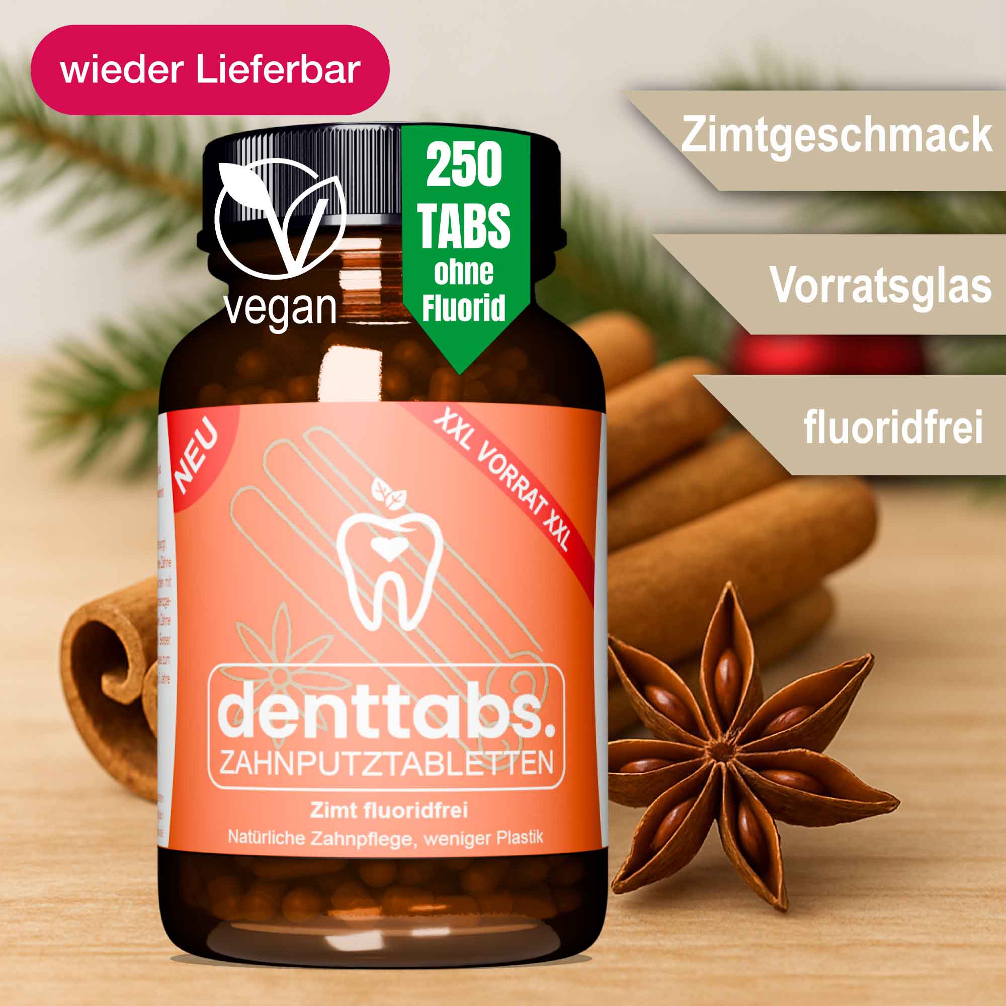 denttabs Zahnputztabletten Cinnamon xxl Glas fluoridfrei